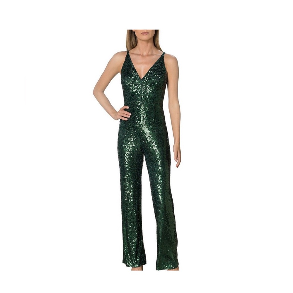 Dress the Population Charlie V-Neck Wide Leg Sequin Jumpsuit Green NWOT $318